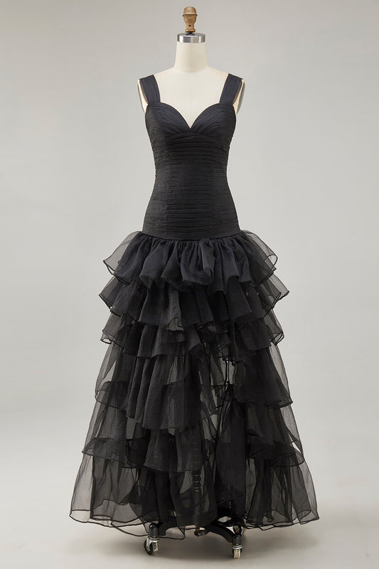 Black Sweetheart Organza High-Low Formal Dress with Ruffles