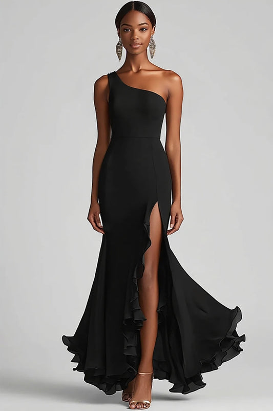 Black Mermaid One Shoulder Chiffon Long Ruffled Formal Dress with Slit
