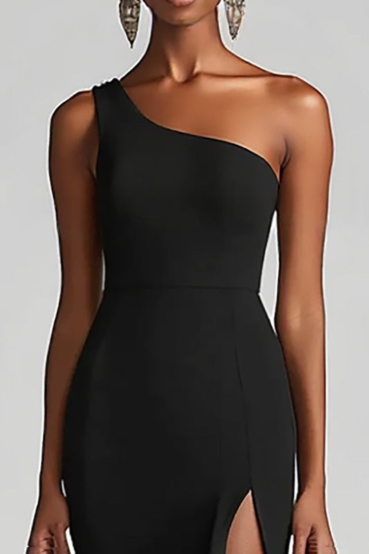 Black Mermaid One Shoulder Chiffon Long Ruffled Formal Dress with Slit