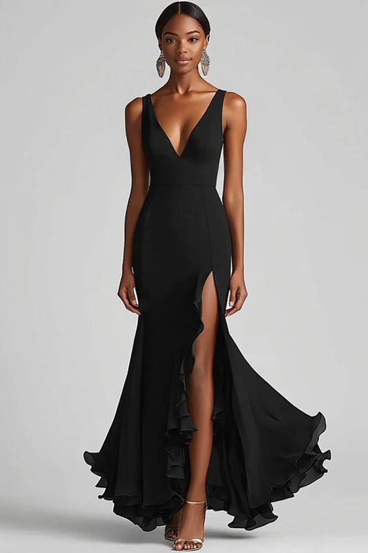 Black Mermaid Chiffon V Neck Long Formal Dress with Slit