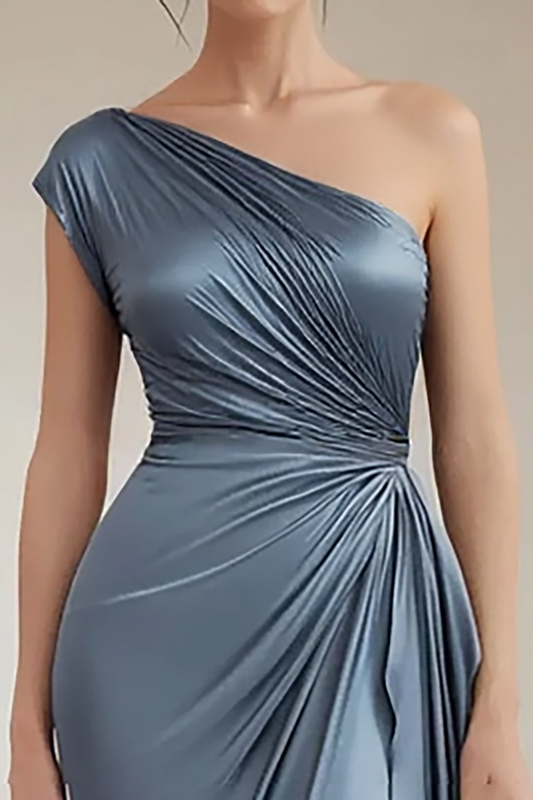 Grey Blue One Shoulder Sheath Long Ruched Formal Dress