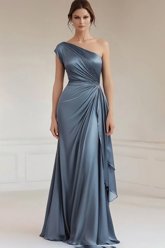 Grey Blue One Shoulder Sheath Long Ruched Formal Dress