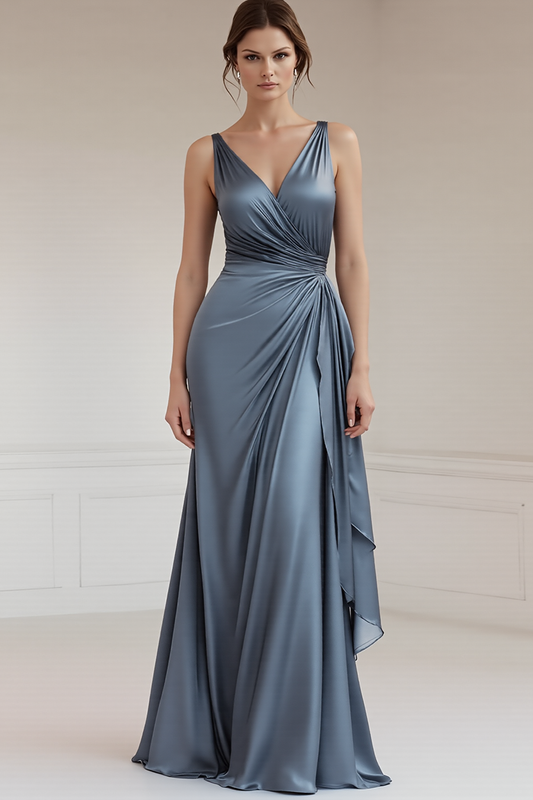 Grey Blue Sheath V-Neck Long Satin Ruched Formal Dress