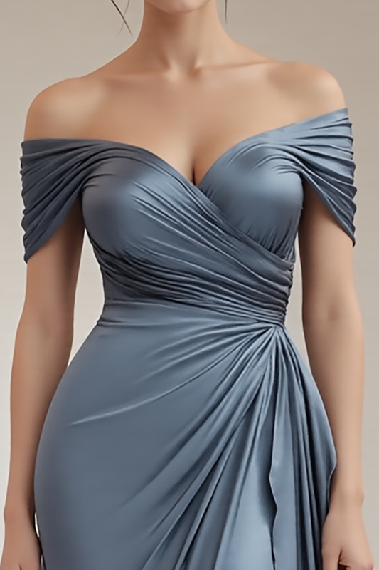 Grey Blue Satin Off the Shoulder Sheath Long Formal Dress