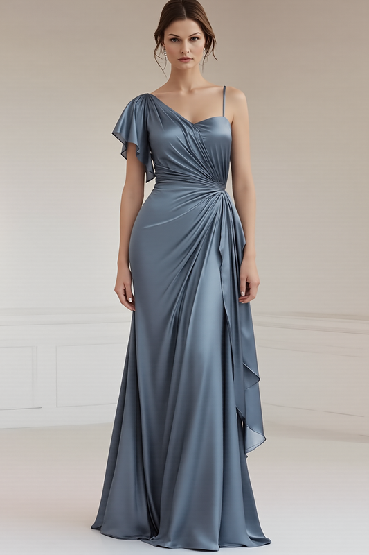 Grey Blue Sheath Satin Long Asymmetrical Formal Dress