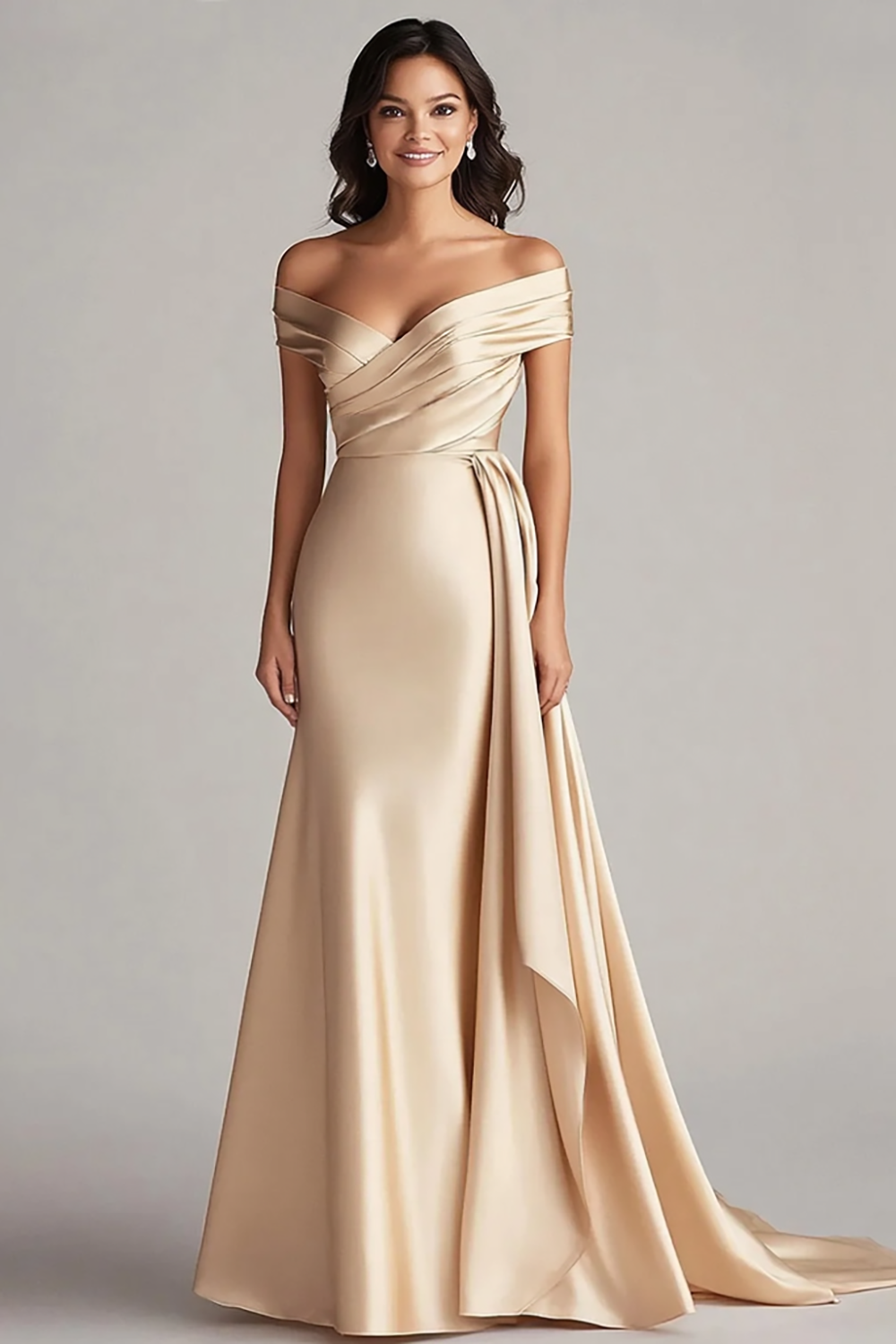 Zapakasa Women Champagne Satin Mermaid Long Ruched Formal Dress Off the