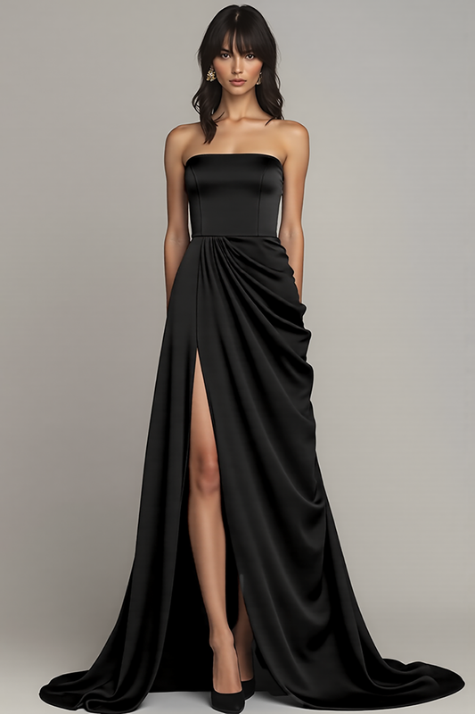 Black Strapless A Line Satin Long Formal Dress with Slit