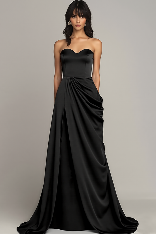 Black Satin Sweetheart A Line Long Formal Dress