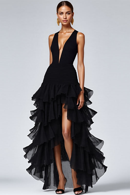 Black Deep V-Neck Tiered Long A Line Formal Dress with Slit