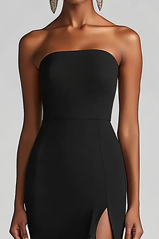 Strapless Chiffon Long Sheath Black Tie Dress with Slit