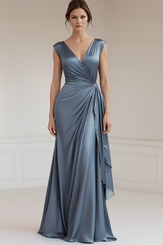 Grey Blue V-Neck Sheath Long Ruched Formal Dress with Ruffles