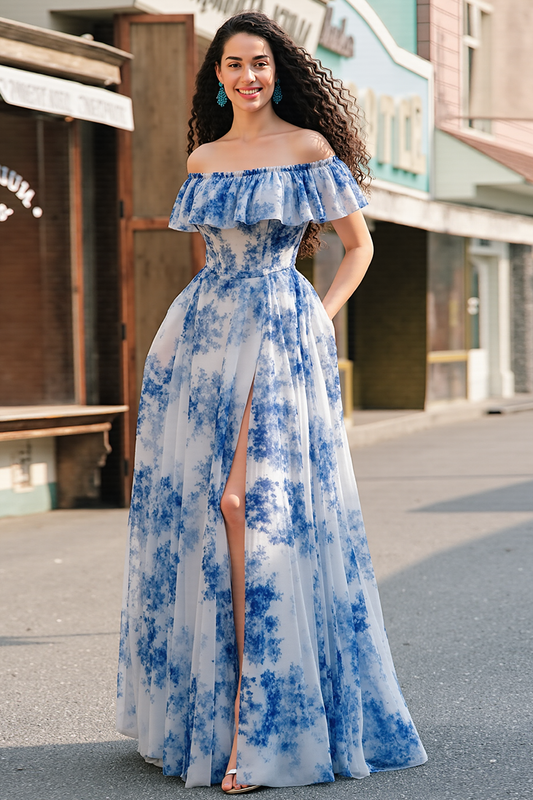 White Blue Flower A Line Off the Shoulder Long Prom Dress with Slit
