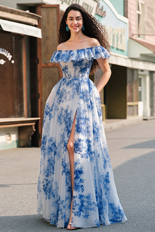 White Blue Flower A Line Ruffled Long Prom Dress with Slit