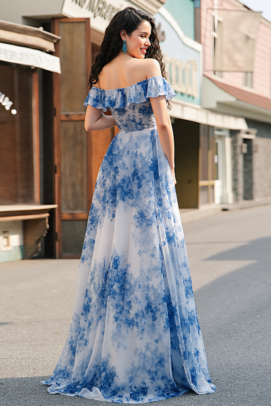White Blue Flower A Line Ruffled Long Prom Dress with Slit