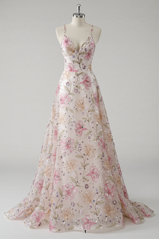 Pink A Line V-Neck Floral Long Prom Dress with Beading