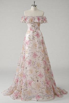 Sparkly Pink Off the Shoulder Floral A Line Long Prom Dress with Ruffles
