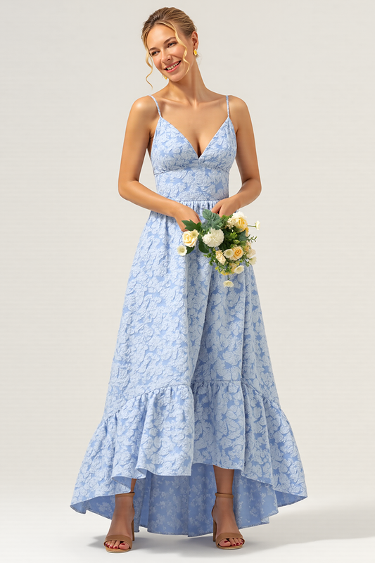Blue A Line V-Neck High-Low Floral Bridesmaid Dress
