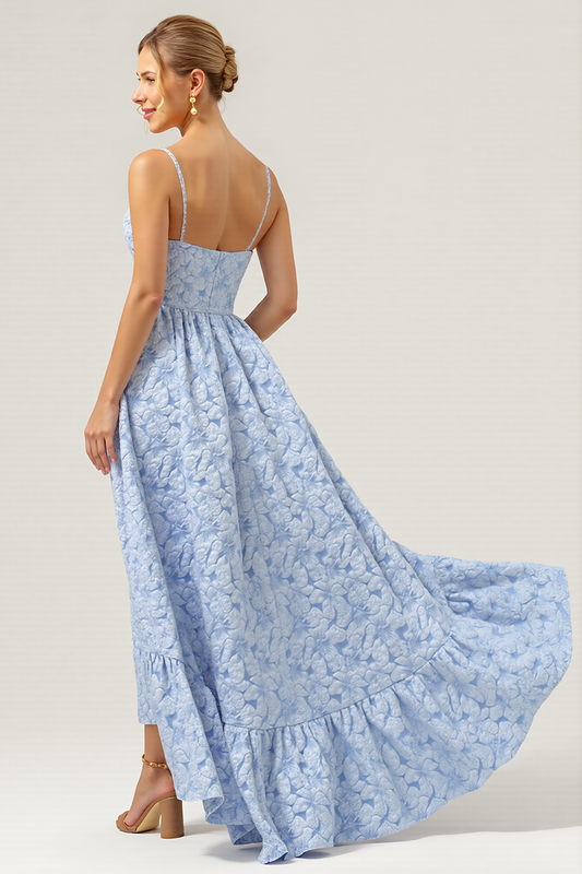 Blue A Line V-Neck High-Low Floral Bridesmaid Dress