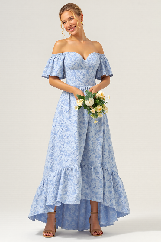 Blue A Line Off the Shoulder Long Floral Bridesmaid Dress with Short Sleeves