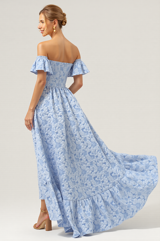 Blue A Line Off the Shoulder Long Floral Bridesmaid Dress with Short Sleeves
