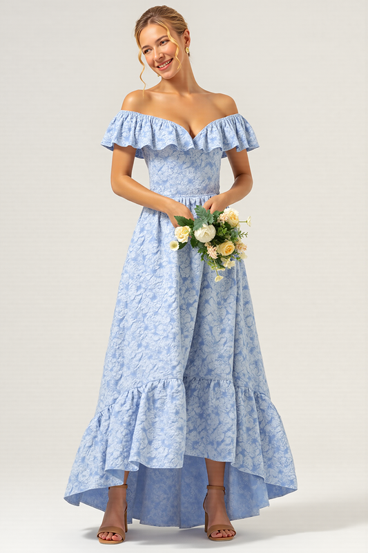 Blue Off the Shoulder Floral Long A Line Bridesmaid Dress with Ruffles
