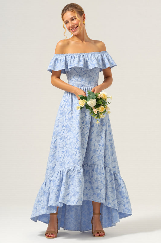 Blue Off the Shoulder A Line Floral High-Low Bridesmaid Dress with Ruffles