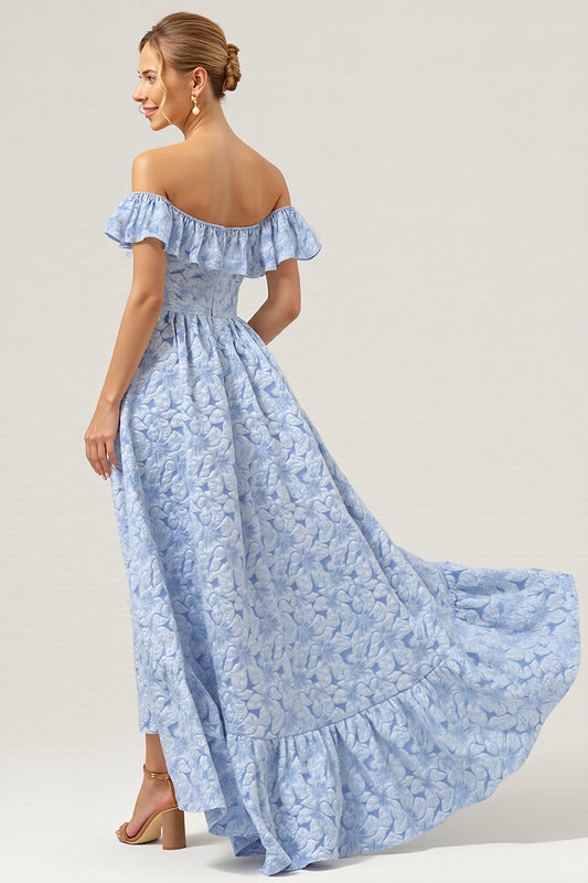 Blue Off the Shoulder A Line Floral High-Low Bridesmaid Dress with Ruffles