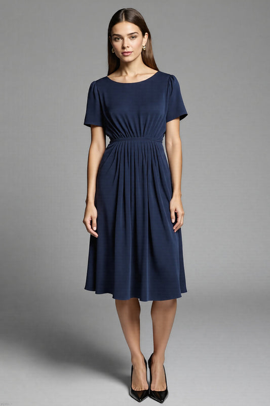 Navy Scoop Satin A Line Midi Work Dress with Short Sleeves