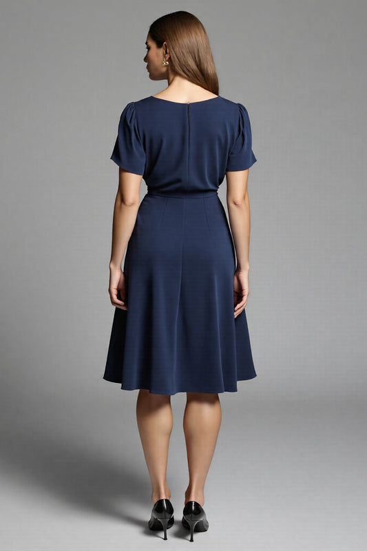 Navy Scoop Satin A Line Midi Work Dress with Short Sleeves