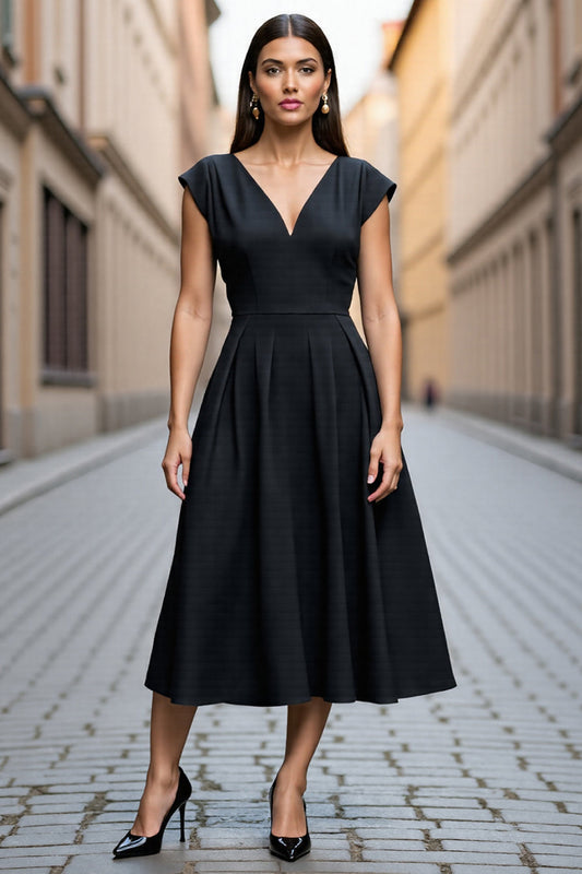 Black Satin A Line V Neck Midi Work Dress with Sleeves