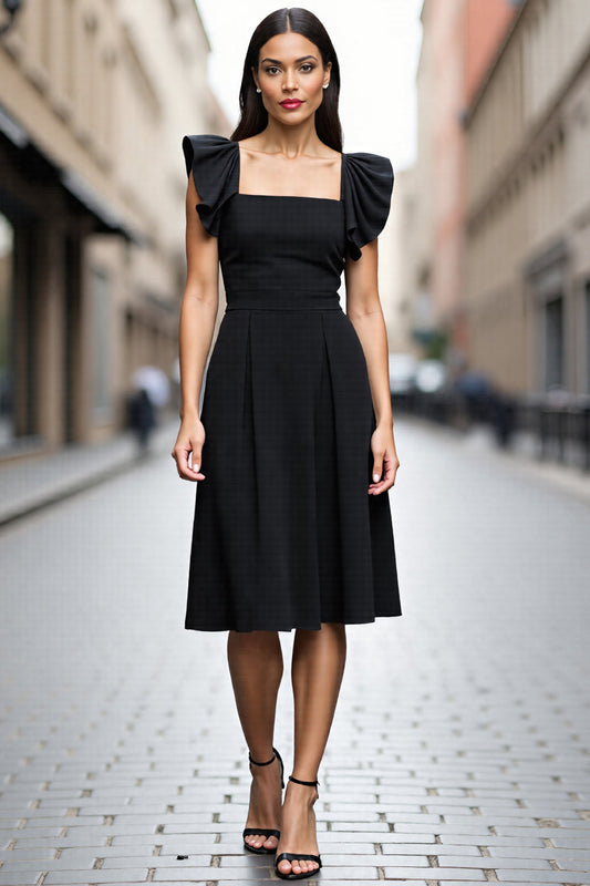 Black Square Neck Satin A Line Midi Work Dress with Ruffles