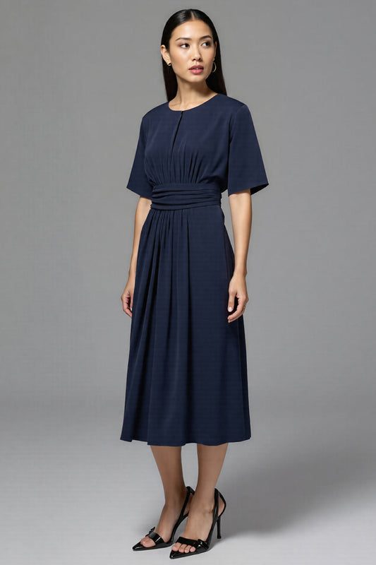 Navy Satin A Line Scoop Neck Midi Work Dress