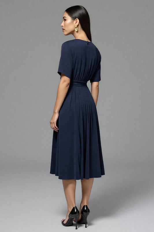 Navy Satin A Line Scoop Neck Midi Work Dress