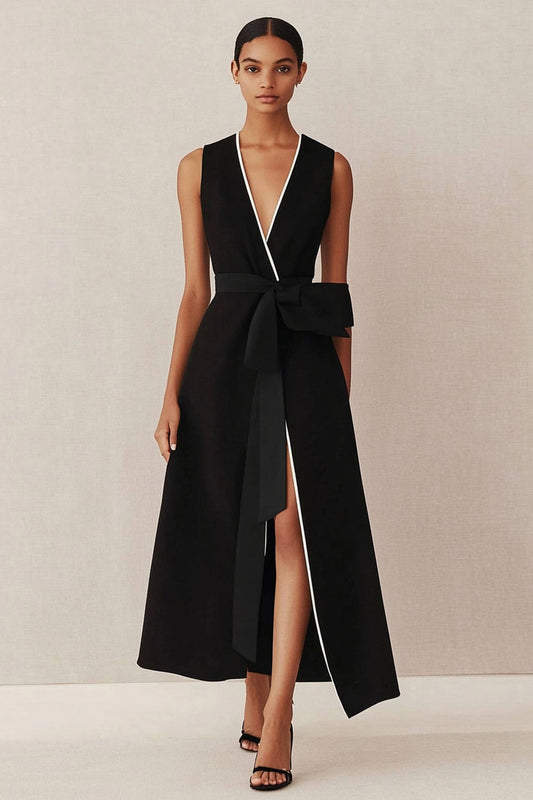 Black A Line Satin V Neck Midi Bow Work Dress with Slit
