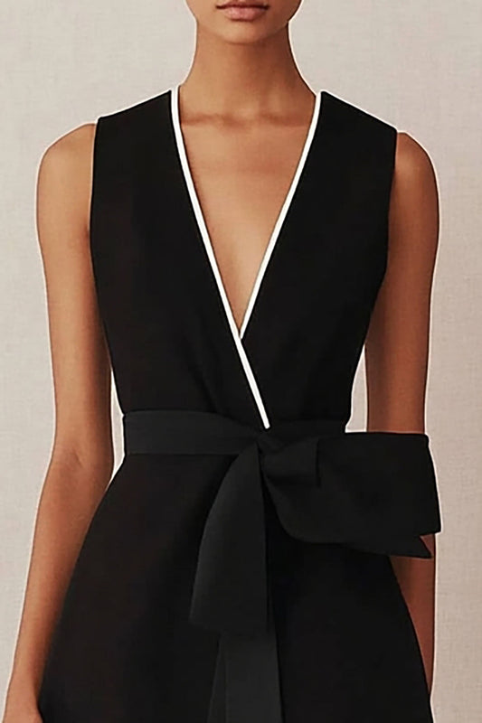 Black A Line Satin V Neck Midi Bow Work Dress with Slit