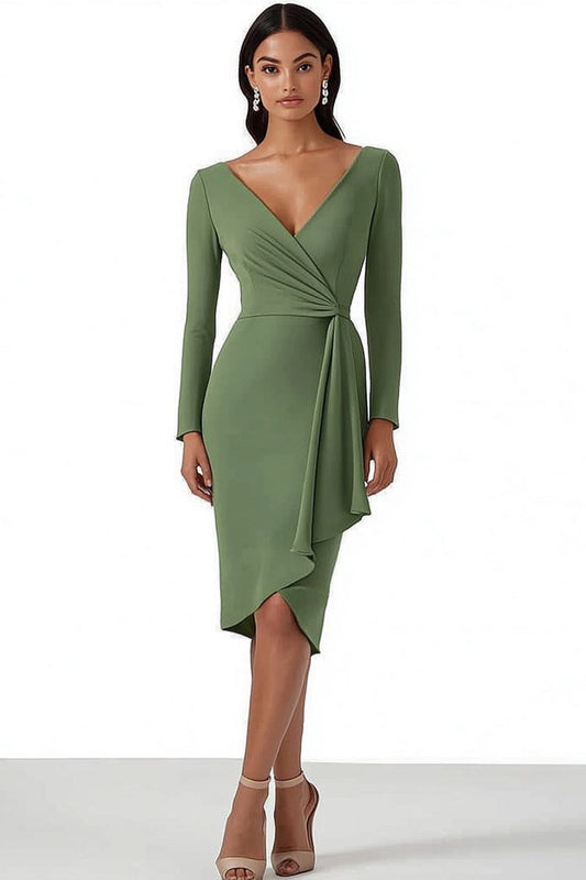 Dusty Sage Satin V-Neck Midi Work Dress with Long Sleeves