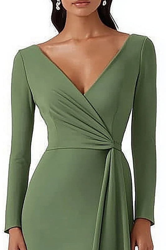 Dusty Sage Satin V-Neck Midi Work Dress with Long Sleeves