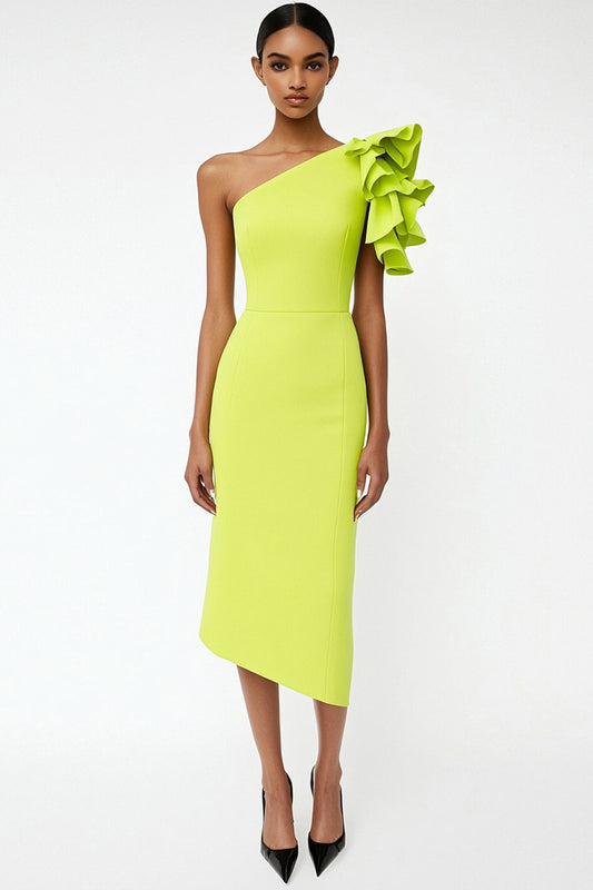 Lemon Yellow Satin Sheath Midi Formal Dress with Ruffles