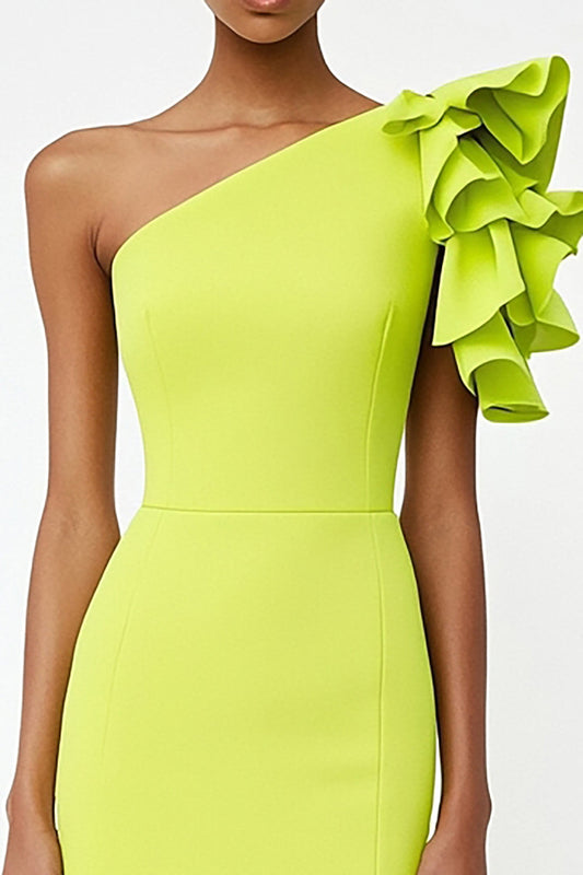 Lemon Yellow Satin Sheath Midi Formal Dress with Ruffles