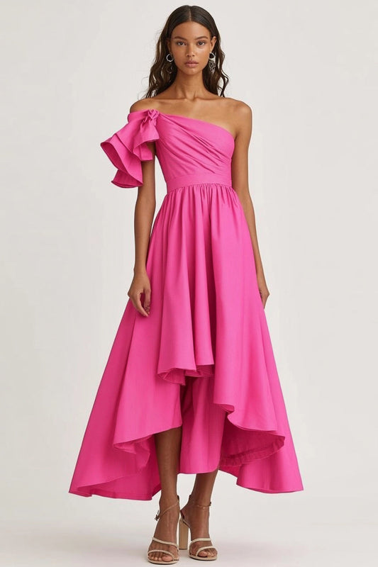 Fuchsia One Shoulder A Line Satin Ruffled High-Low Formal Dress