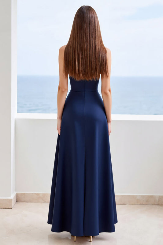 Navy A Line Strapless Long Satin Formal Dress with Slit