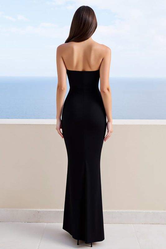 Black Strapless Sheath Satin Long Formal Dress with Slit