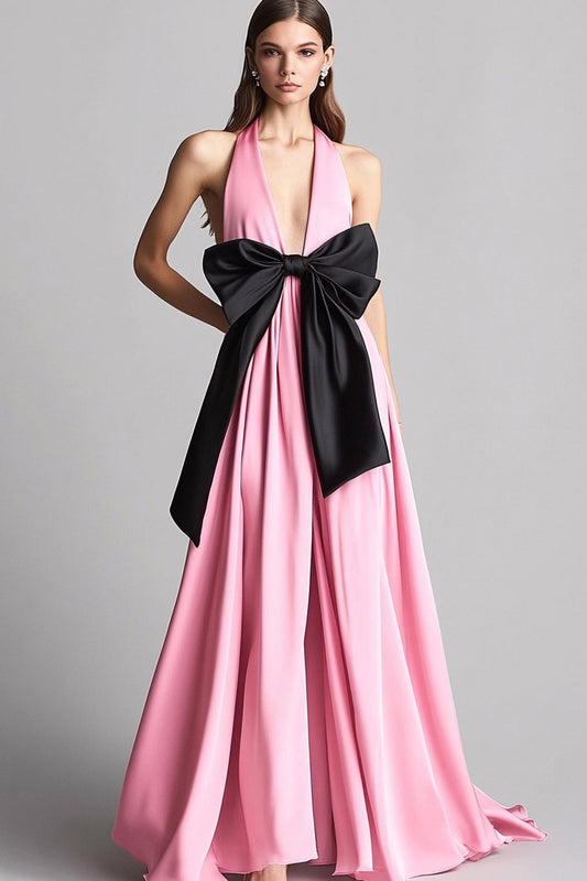 Pink Halter Satin Long A Line Formal Dress with Bow