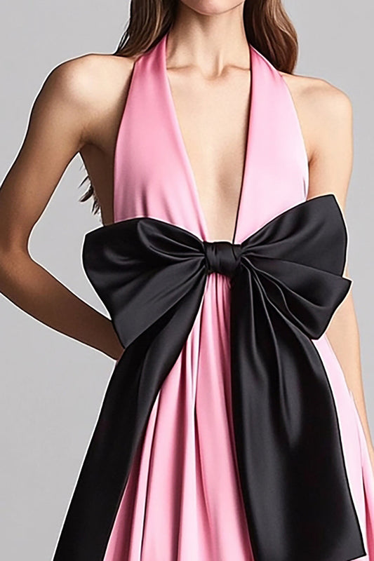 Pink Halter Satin Long A Line Formal Dress with Bow