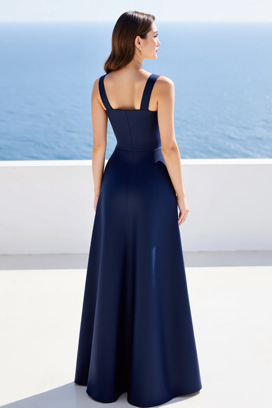 Navy Satin Square Neck A Line Long Formal Dress with Slit