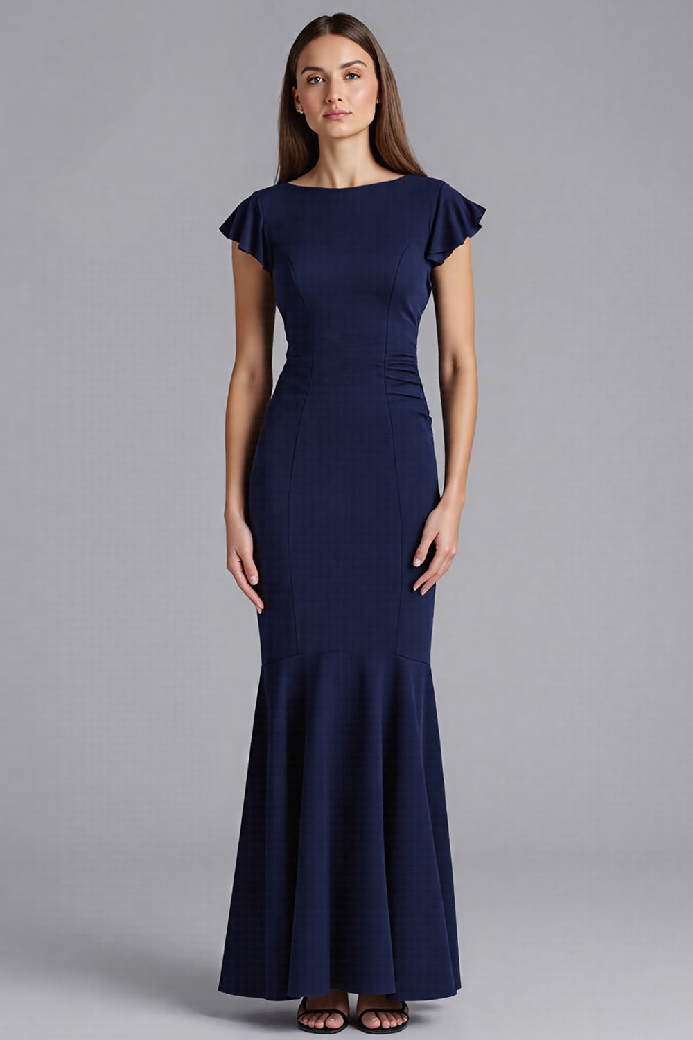 Zapakasa Women Navy Satin Long Formal Dress Ruffled Boat Neck Sheath