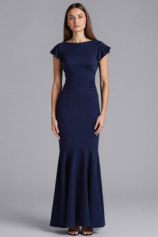 Navy Ruffled Sheath Satin Long Formal Dress with Cap Sleeves