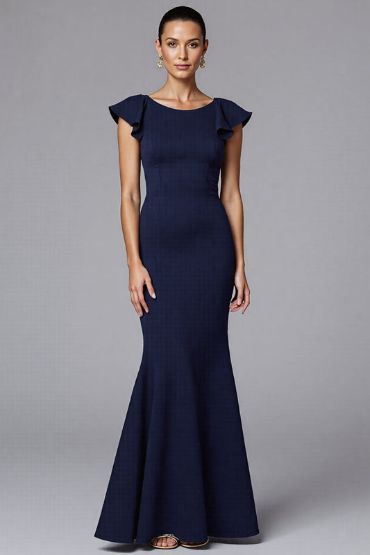 Elegant Navy Boat Neck Satin Long Formal Dress with Ruffles