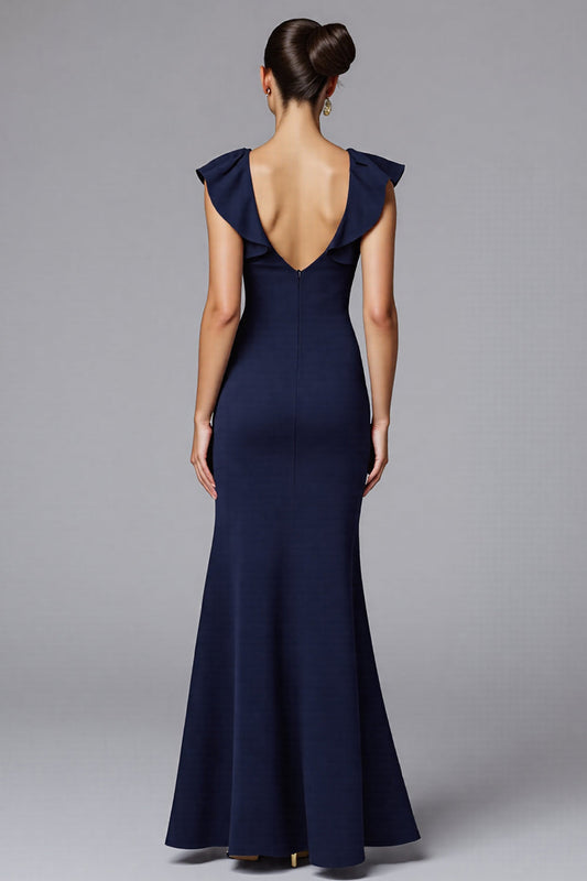 Elegant Navy Boat Neck Satin Long Formal Dress with Ruffles