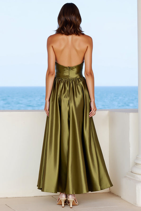 Olive A Line Halter Satin Long Backless Formal Dress with Slit